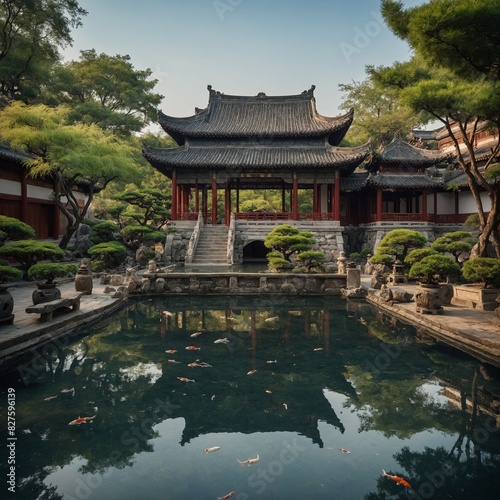 A traditional Chinese courtyard house surrounded by a tranquil garden oasis  with ornate pavilions and koi ponds.  
