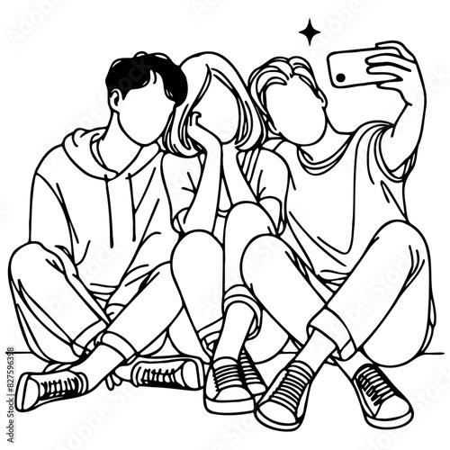 Friends Sitting and Selfie Together Line Drawing.