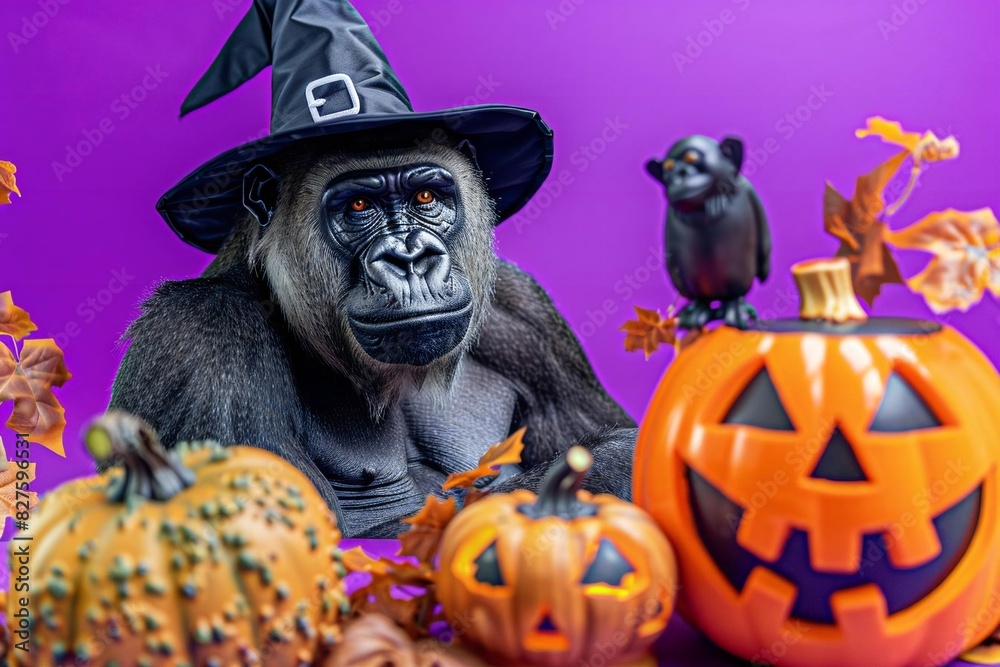 Gorilla in witch hat near jack-o-lantern on purple background. Gorilla in witch hat near jack-o-lantern on purple background.