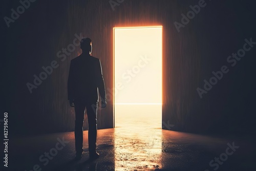 silhouette of businessman standing before illuminated doorway new opportunities concept 3d illustration © Lucija