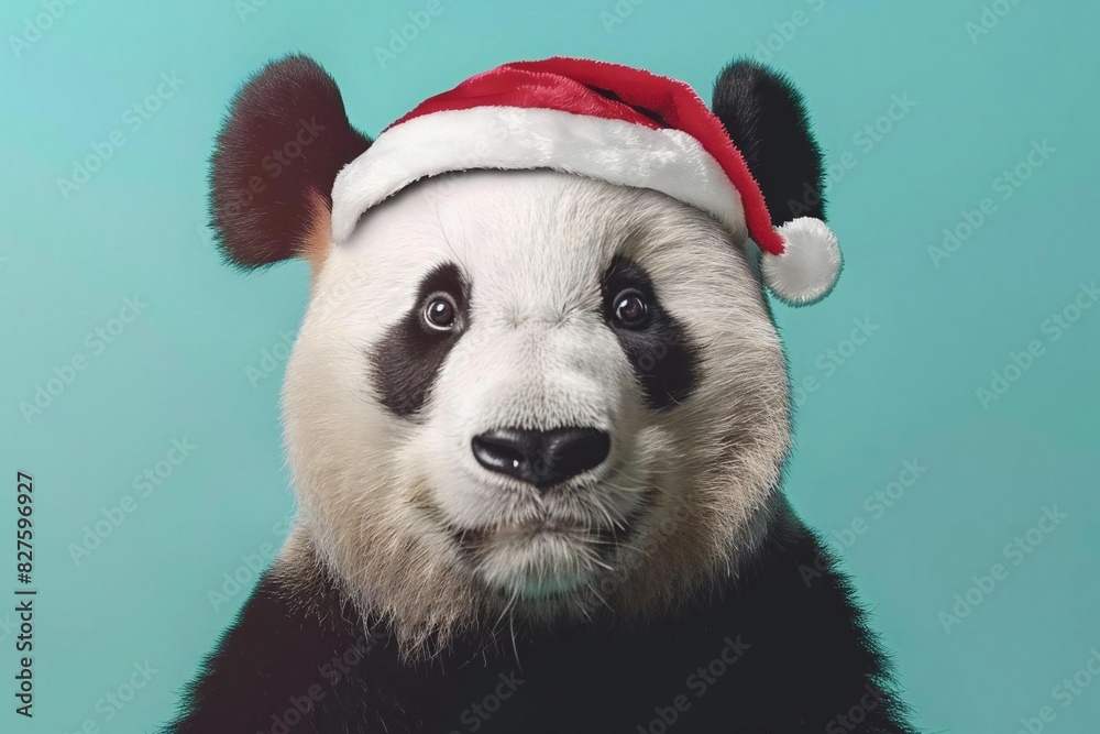 Obraz premium Panda in Christmas hat on turquoise background.