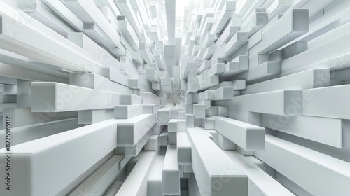 Randomly arranged white rectangular prisms form an abstract structure