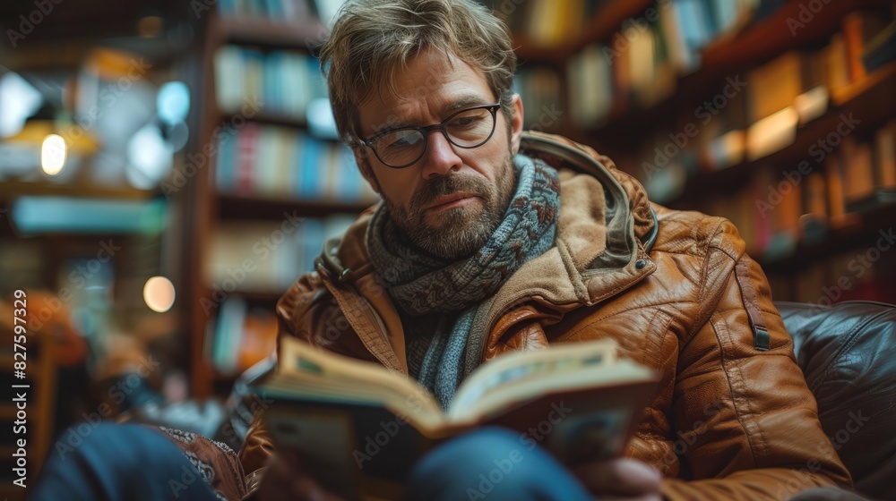 The man is sitting in a comfortable chair, wearing a brown leather jacket and a scarf. He has glasses on and is engrossed in the book he is reading. 