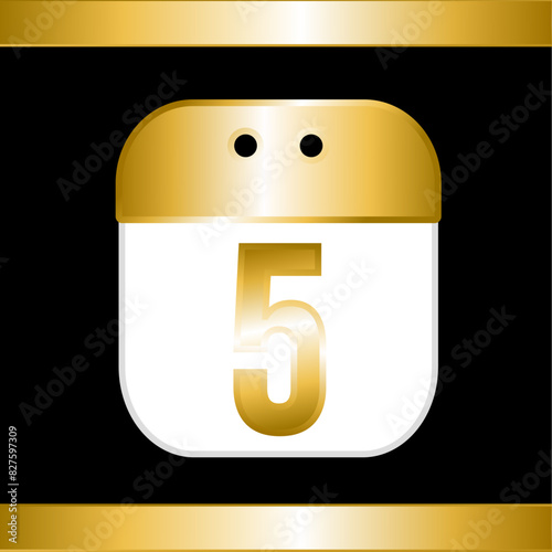 Golden calendar with the number 5 on a dark background and golden strips at the top and bottom