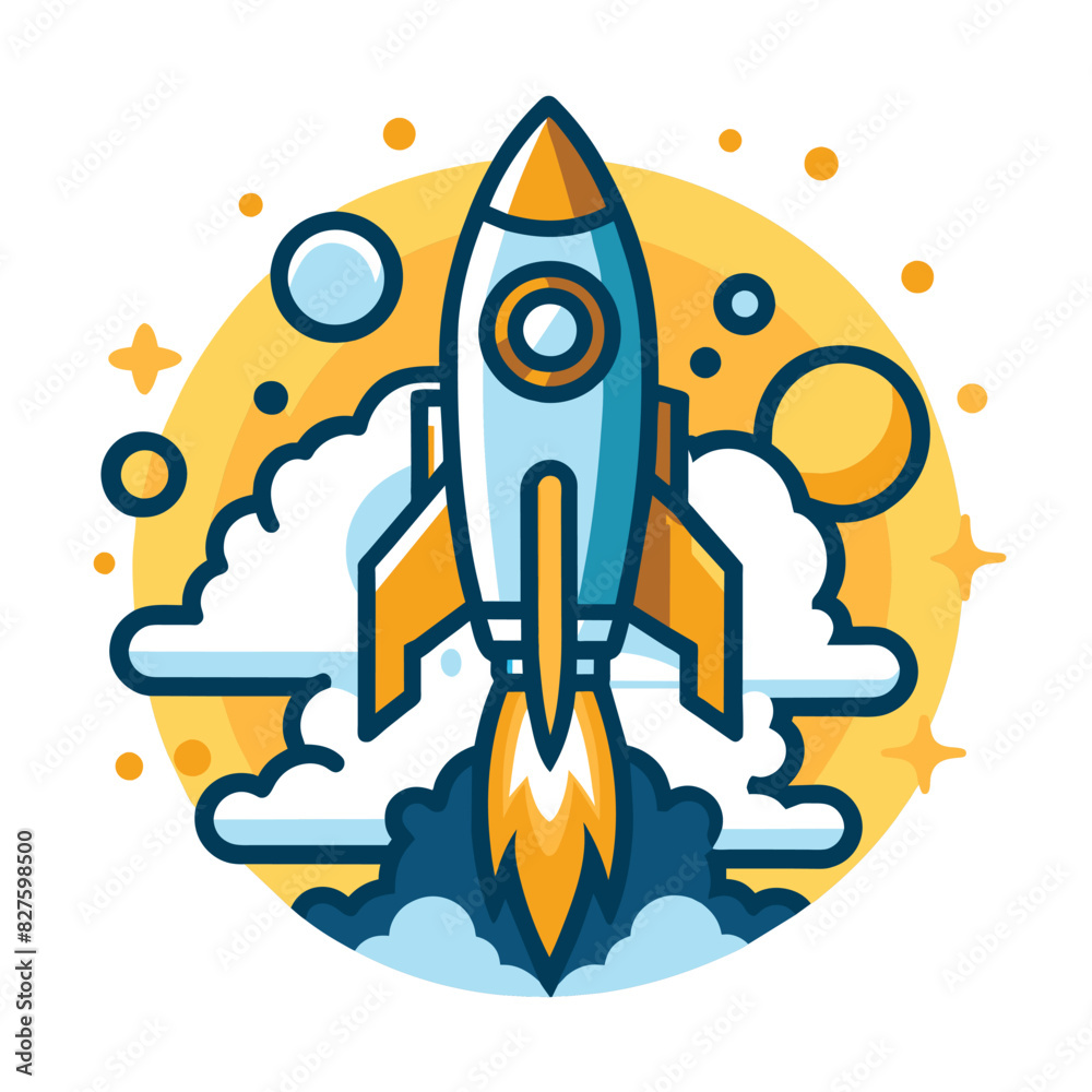 Cartoon Rocket Ship Launching into Space with Yellow Flames Cartoon Rocket Ship Launching into Space with Yellow Flames