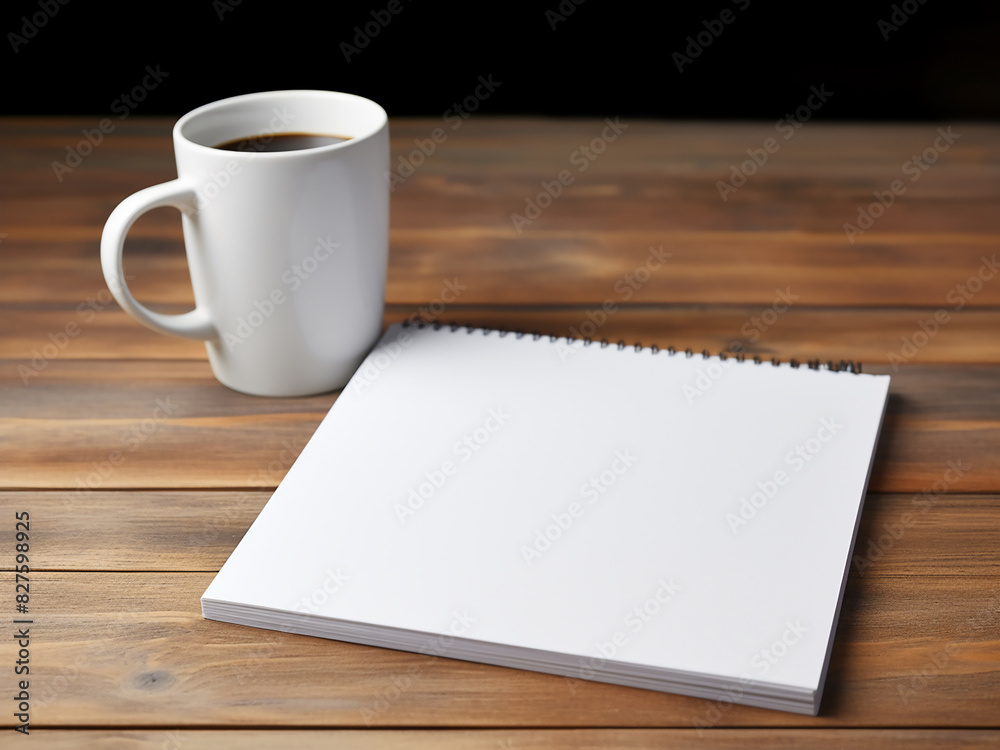 Merge work and relaxation with a white coffee cup, laptop, and notepaper on a wooden desk Merge work and relaxation with a white coffee cup, laptop, and notepaper on a wooden desk