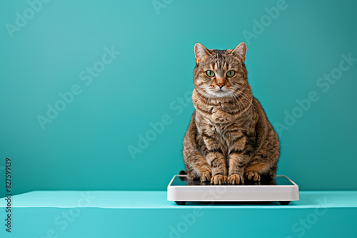 Overweight fat tabby cat sitting on white scales in front of teal background with copy sapce photo
