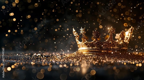 Photo of a luxurious gold crown on a sleek black background with floating particles, high contrast, elegance and royalty, ideal for premium branding, copy space photo