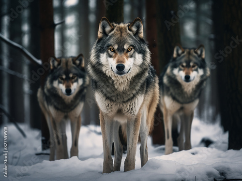A wolf pack stands amidst snowy woods  winter s chill palpable