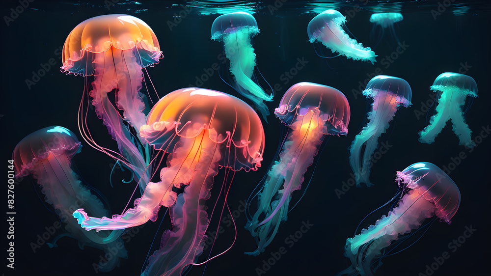 Jellyfish floats in deep water. Neon style, Generative AI Jellyfish floats in deep water. Neon style, Generative AI