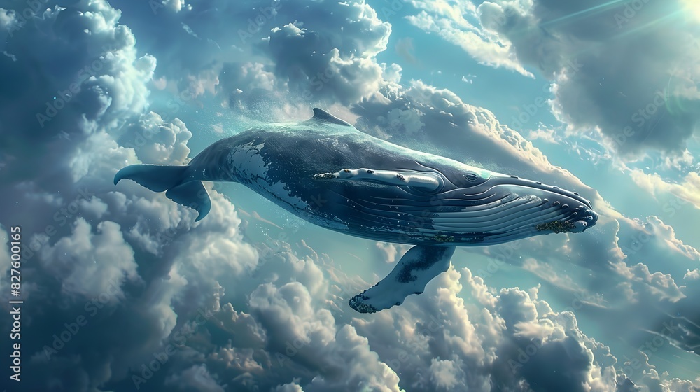 Fototapeta premium Graceful Whale Soaring Through Sky Amongst Clouds