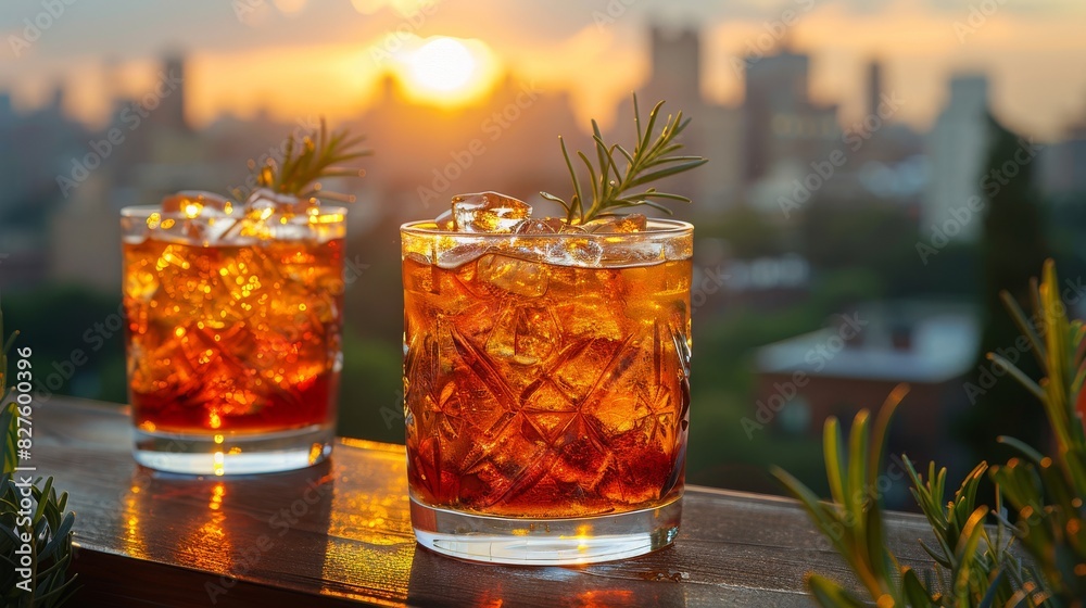 Chilled beverages on a summer terrace overlooking a cityscape Chilled beverages on a summer terrace overlooking a cityscape