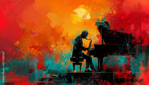 A man playing the piano in a colorful painting by AI generated image
