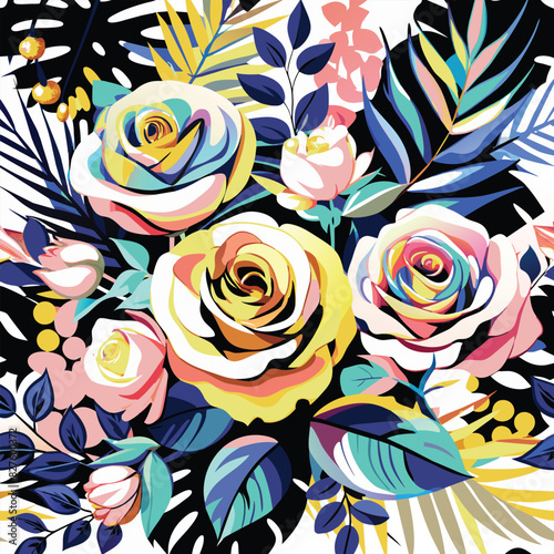 Colorful Roses and Tropical Leaves on a Black Background