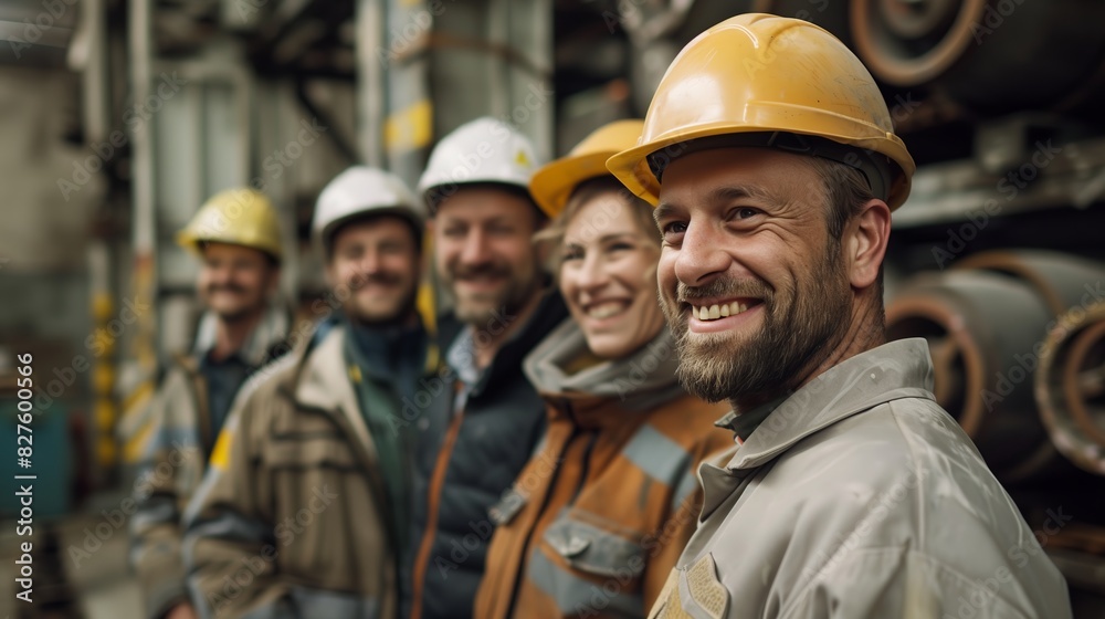 Smiling Workers in Hard Hats Standing in Warehouse Smiling Workers in Hard Hats Standing in Warehouse