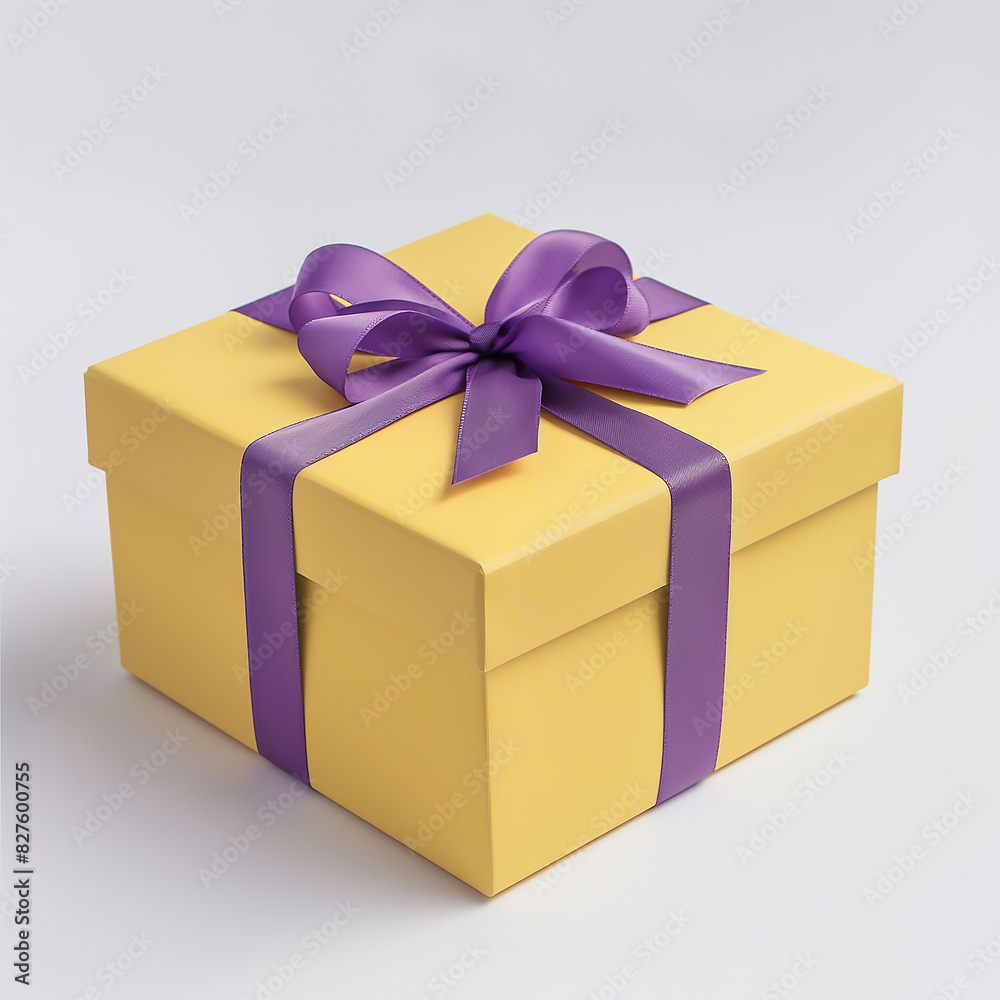 yellow gift box, purple ribbon on white background yellow gift box, purple ribbon on white background