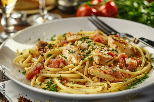Linguine with Grilled Chicken and Fresh Herbs in a Gourmet Setting