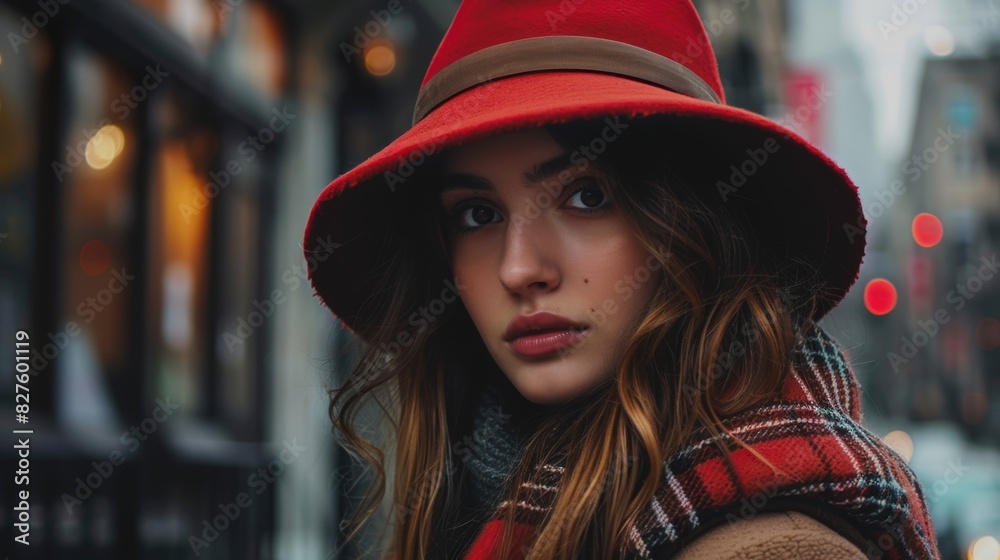 A young woman wearing a red hat and a plaid scarf looking at the camera with a serious expression. A young woman wearing a red hat and a plaid scarf looking at the camera with a serious expression.