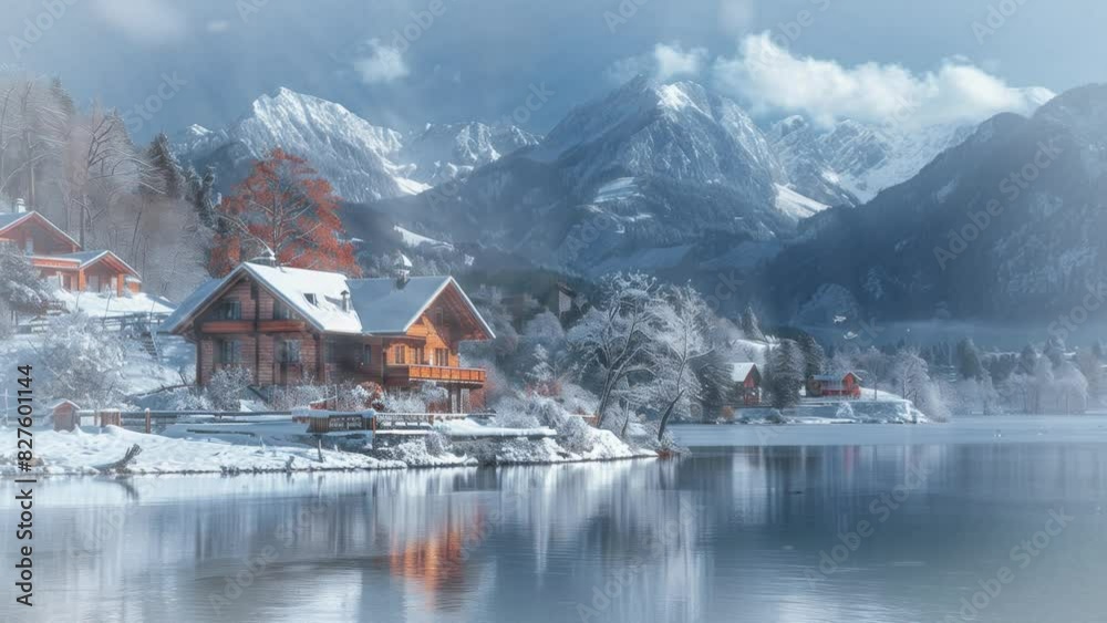 Tranquil winter scene with snow-covered cabins by a serene lake, set against a backdrop of majestic mountains under a clear blue sky. Tranquil winter scene with snow-covered cabins by a serene lake, set against a backdrop of majestic mountains under a clear blue sky.