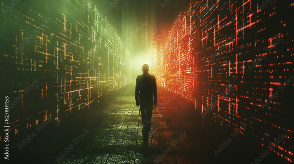 man walking through a matrix of numbers indicating debt futuristic post apocalyptic man walking through a matrix of numbers indicating debt futuristic post apocalyptic