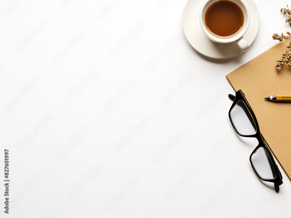 Author's essentials notebook, glasses, coffee � white desk