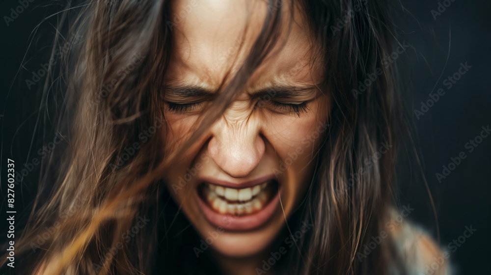 A woman with long hair is screaming, her face contorted in anger and frustration.