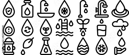 Set Of Water Drop Line Icons Web Header Banner Design Containing Water,Liquid,Water-Drop,Mineral,Aqua Simple Black Style Symbol Sign For Apps And Website, Vector Illustration