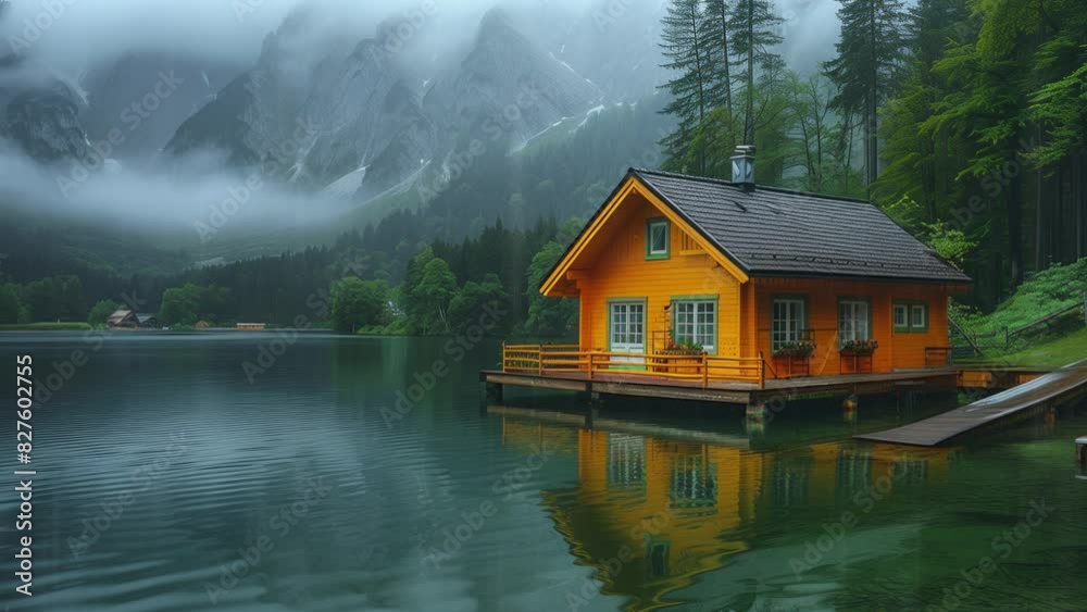 A picturesque yellow cabin sits by a tranquil mountain lake surrounded by lush pine forests and misty peaks, creating a peaceful retreat.