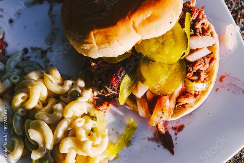 closeup of a white plate with macaroni salad and a barbecue pork sandwich with cole slaw and pickles on a bun at a wedding picnic