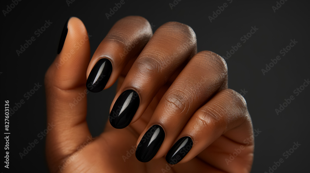 Close-up of a hand with beautifully manicured black nails against a dark background. Close-up of a hand with beautifully manicured black nails against a dark background.