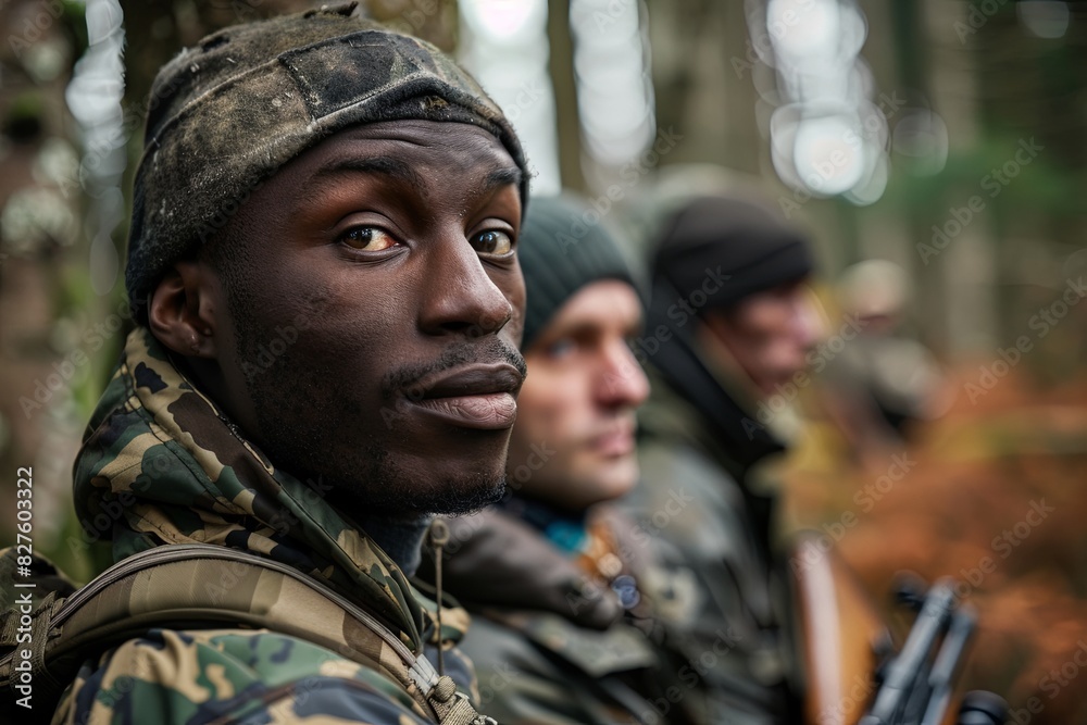 Close-up of soldier in camouflage gear looking at camera during training