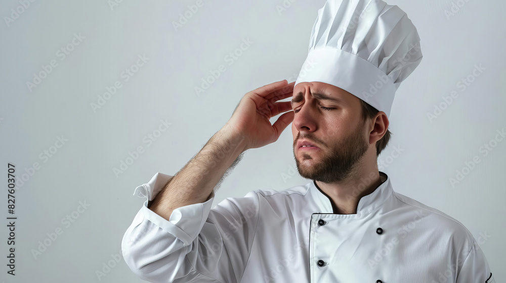 Chef taking a break in the kitchen, wiping sweat from brow, isolated on white background, culinary exhaustion, copy space, stock photo Chef taking a break in the kitchen, wiping sweat from brow, isolated on white background, culinary exhaustion, copy space, stock photo