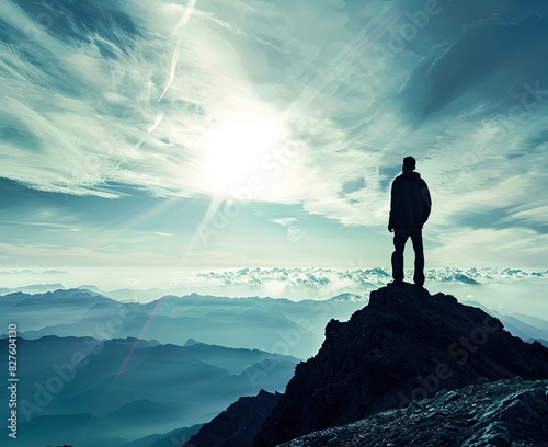 A man stands on top of a mountain, gazing into the horizon. On the mountain, the man thanks God.