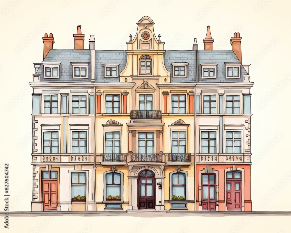 Fototapeta premium Elegant multi-story European building with classic architectural elements, pastel colors, and detailed facade, representing urban sophistication.