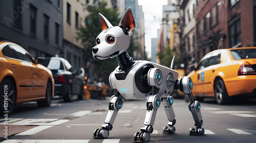 Robot dog wandering around the city, Generative AI