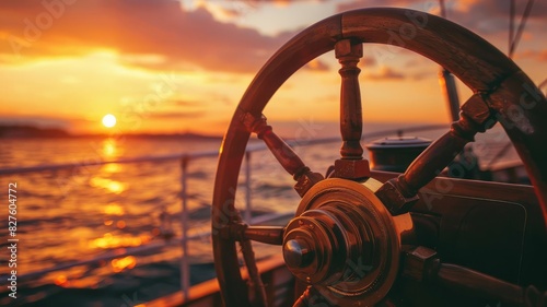 Close-up of a boat s steering wheel with a sunset backdrop  vibrant colors  isolated on white background  nautical charm  copy space  stock photo