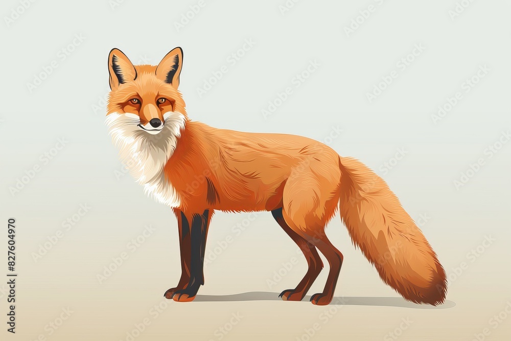 Fototapeta premium Illustration of a red fox standing on a light background, showcasing its natural beauty and distinctive features.