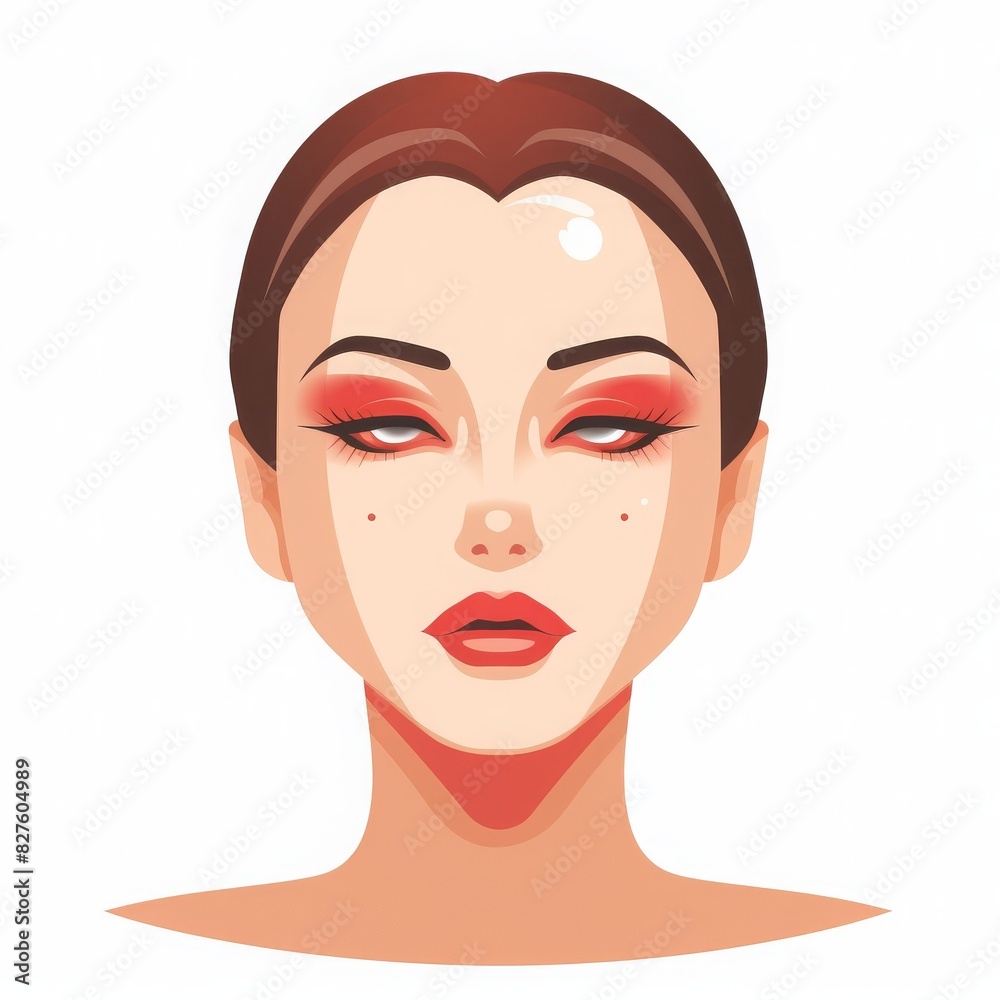 Illustration of a woman with bold makeup, red eyeshadow, and a serene expression on a white background. art style. Illustration of a woman with bold makeup, red eyeshadow, and a serene expression on a white background. art style.