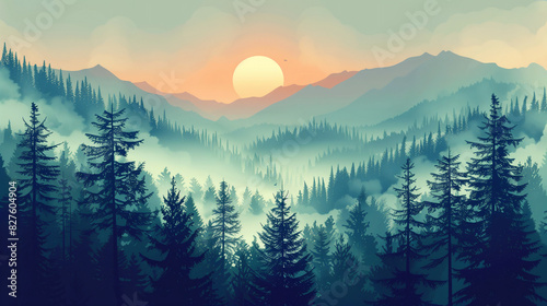 Misty landscape with a fir forest in a vintage retro style. photo