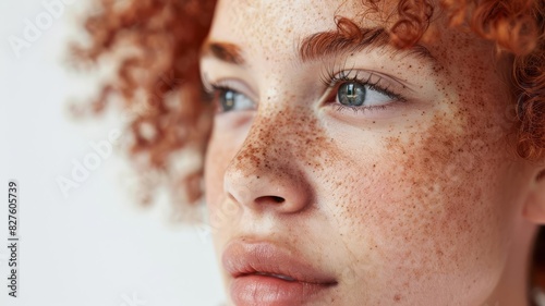 Close-up of a person with a rare birthmark, confident expression, isolated on white background, natural beauty, copy space, stock photo