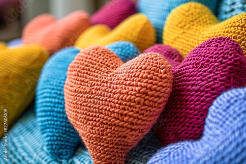 a group of colorful knitted hearts