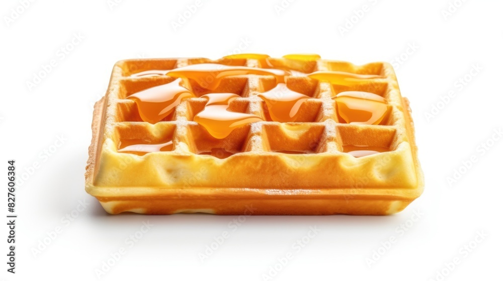 A waffle with honey drizzled on top. The honey is spread out evenly across the waffle, creating a sweet and sticky texture. The waffle is placed on a white background A waffle with honey drizzled on top. The honey is spread out evenly across the waffle, creating a sweet and sticky texture. The waffle is placed on a white background