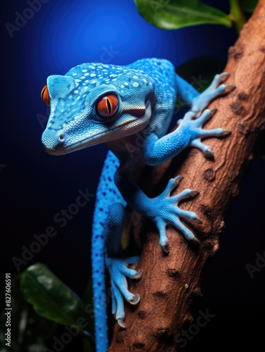A blue and red lizard is perched on a tree branch. The blue color of the lizard is striking and stands out against the dark background. The red eyes of the lizard add to its unique appearance photo