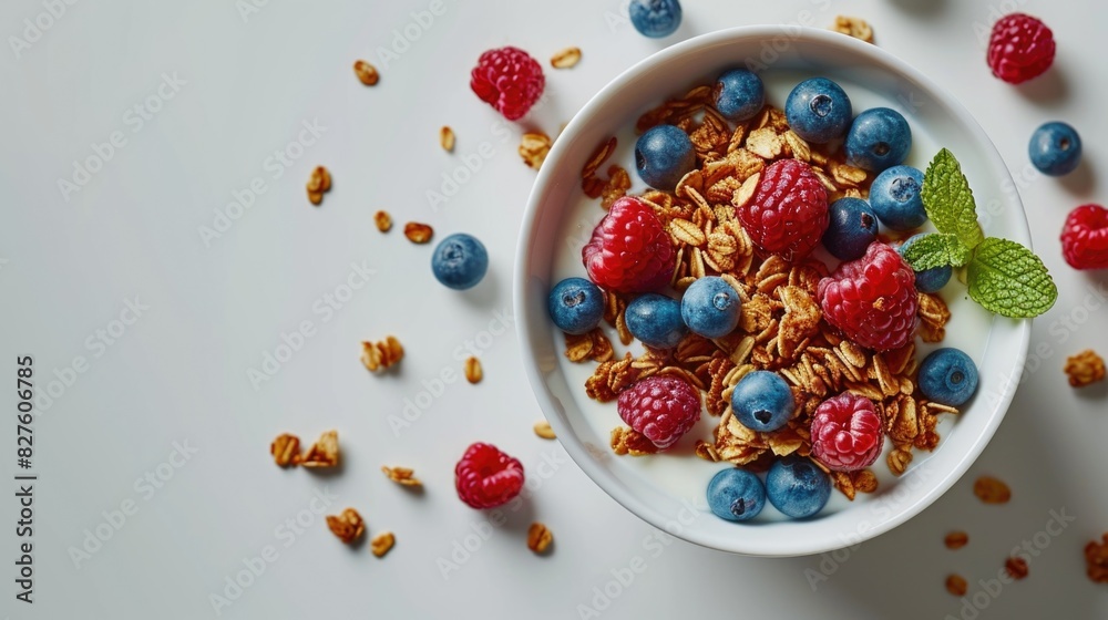 A bowl of cereal with blueberries and raspberries on top A bowl of cereal with blueberries and raspberries on top