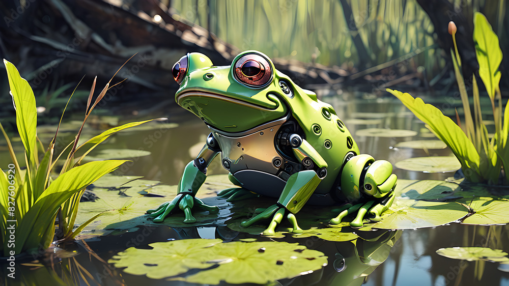 Robot frog in the swamp, Generative AI Robot frog in the swamp, Generative AI