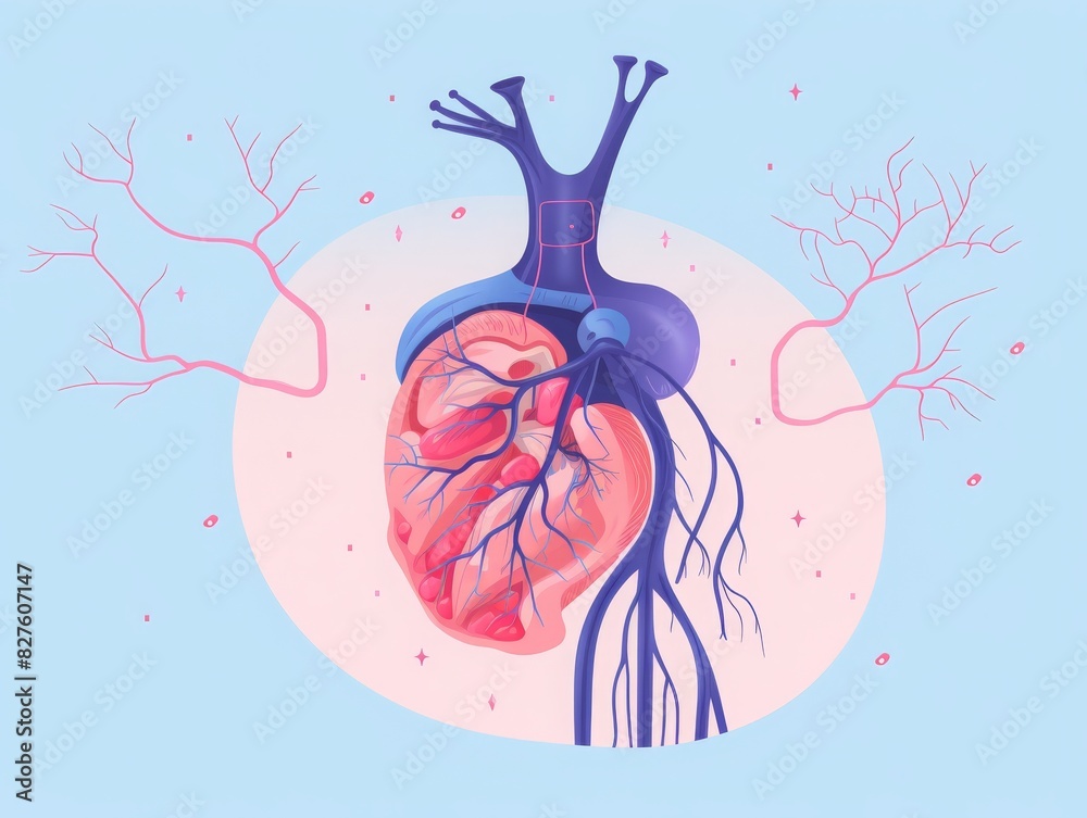 Detailed anatomical illustration of human heart showing blood vessels ...