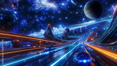 Futuristic speedway with sleek hovercars racing among distant planets and luminous stars. photo