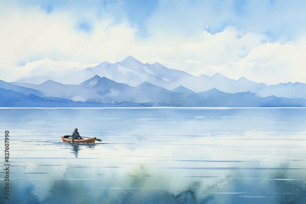 Fototapeta premium A man is paddling a canoe on a lake in front of mountains, watercolor illustrations, Summer activity.