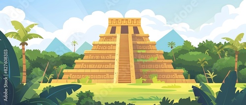 Aztec pyramid in lush jungle setting flat design front view ancient civilization cartoon drawing analogous color scheme
