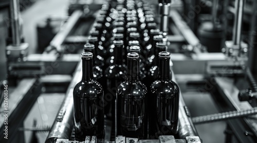 A conveyor belt is filled with bottles of wine. The bottles are black and are lined up in rows